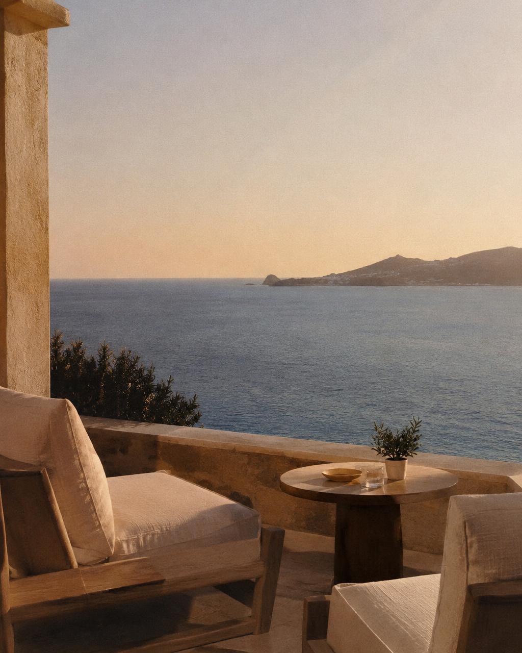 Sunlit hotel terrace overlooking the sea